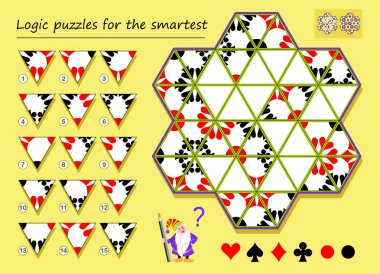 Logic puzzle game for smartest. Need to find the correct places for remaining triangles and draw them. Printable page for brainteaser book. Developing spatial thinking. Vector cartoon image. clipart