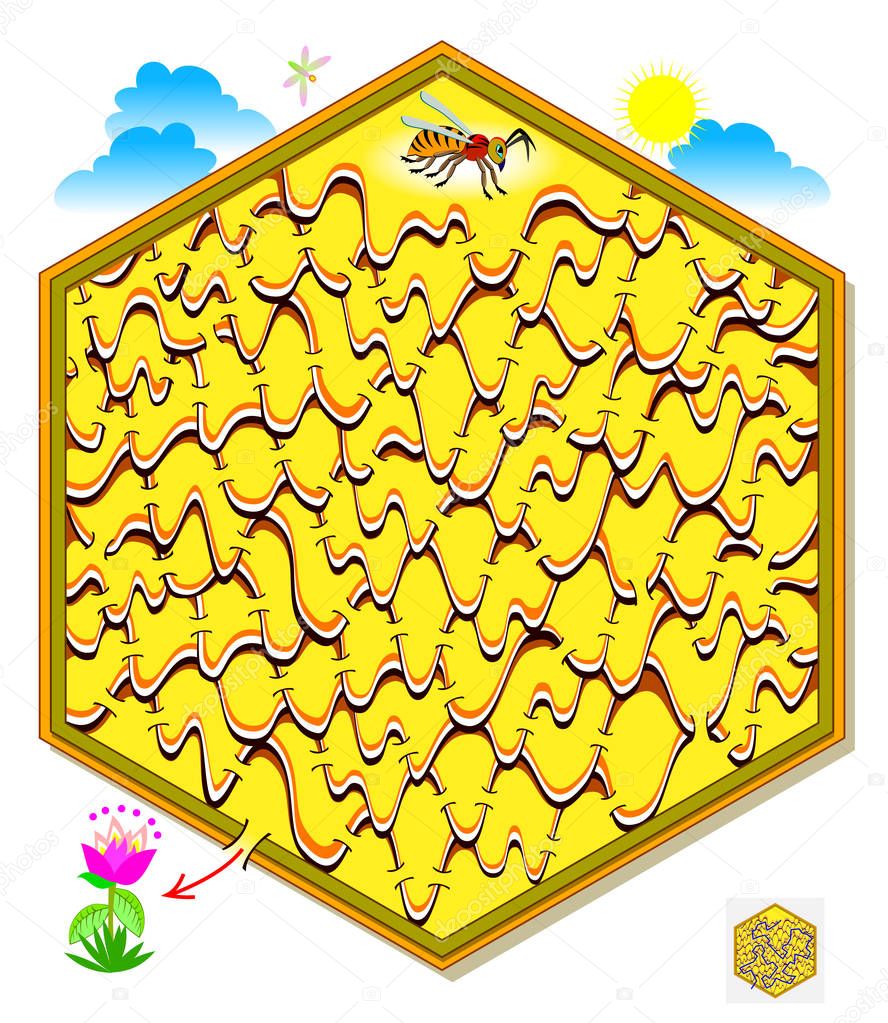 Logic puzzle game with labyrinth for children and adults. Help the bee find the way out of the honeycomb till the flower. Printable page for brainteaser book. Vector cartoon image.
