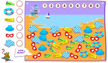 Çocuklar için yazdırılabilir eğitim sayfası. Sahildeki nesnelerin miktarını sayın ve sayıları daireler halinde yazın. Bebek kitabı için çalışma sayfası. Mantıksal bulmaca oyunu. Okula geri dön.