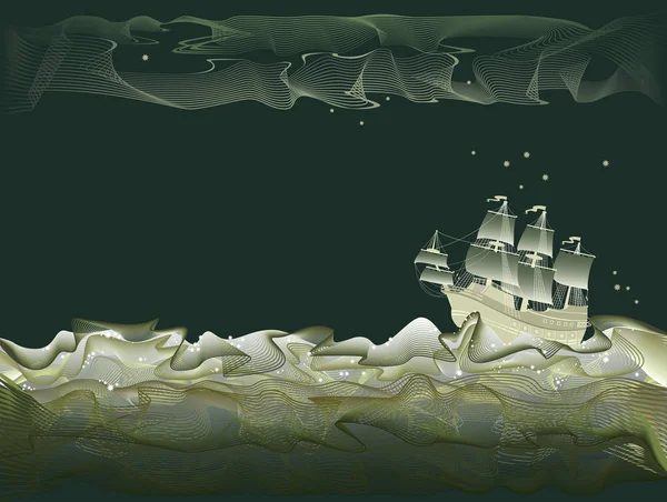 Fantazie Ilustrace Starověkého Plachetnice Nočních Cestách Bouřné Vlny Moře Podobě — Stockový vektor