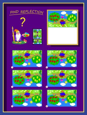 Logic puzzle game for smartest. Help the artist finish the picture, find correct reflection and draw it. Printable page for brainteaser book. Developing children spatial thinking. Vector cartoon image. clipart