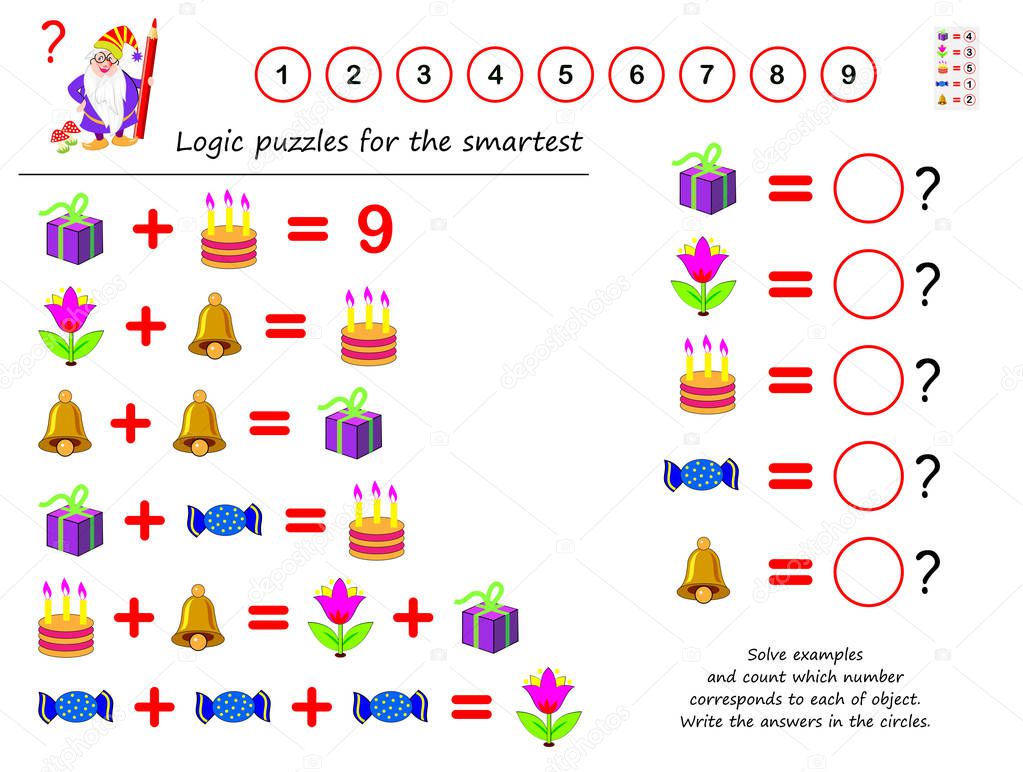 Mathematical logic puzzle game. Solve examples and count which number corresponds to each of object. Write the answers in circles. Printable page for brainteaser book. Developing spatial thinking.