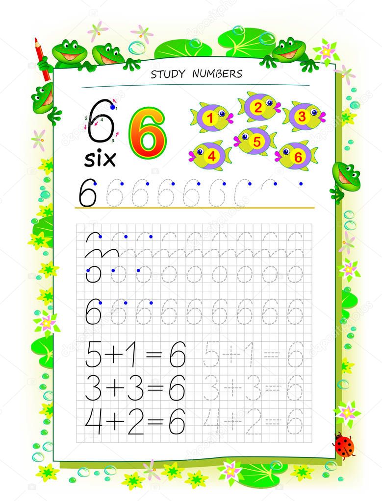 Educational page on square paper for kids with number 6. Printable worksheet for children textbook. Developing skills of counting, writing and tracing. Baby book. Back to school. Vector image.