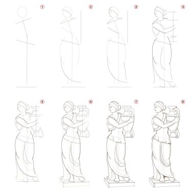 How to create step by step pencil drawing. Page shows how to learn step by step draw imaginary Greek women statue. Print for artists school textbook. Developing design skills. Hand-drawn vector image. clipart