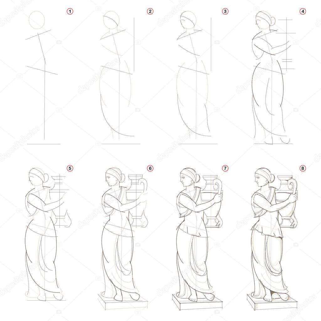 How to create step by step pencil drawing. Page shows how to learn step by step draw imaginary Greek women statue. Print for artists school textbook. Developing design skills. Hand-drawn vector image.
