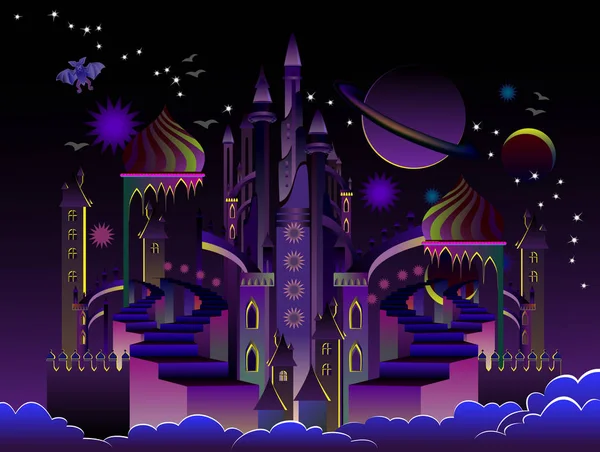 夜间梦幻般的未来东方城市插图 儿童童话书的封面 旅游公司的海报 想象中的仙境空间景观 现代印刷 矢量卡通图像 — 图库矢量图片