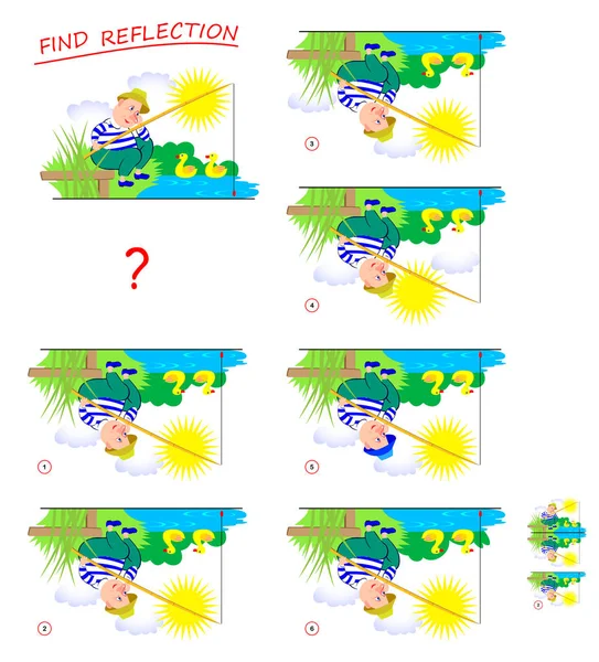 Lógica Juego Puzzle Para Niños Necesidad Encontrar Reflejo Correcto Del — Vector de stock