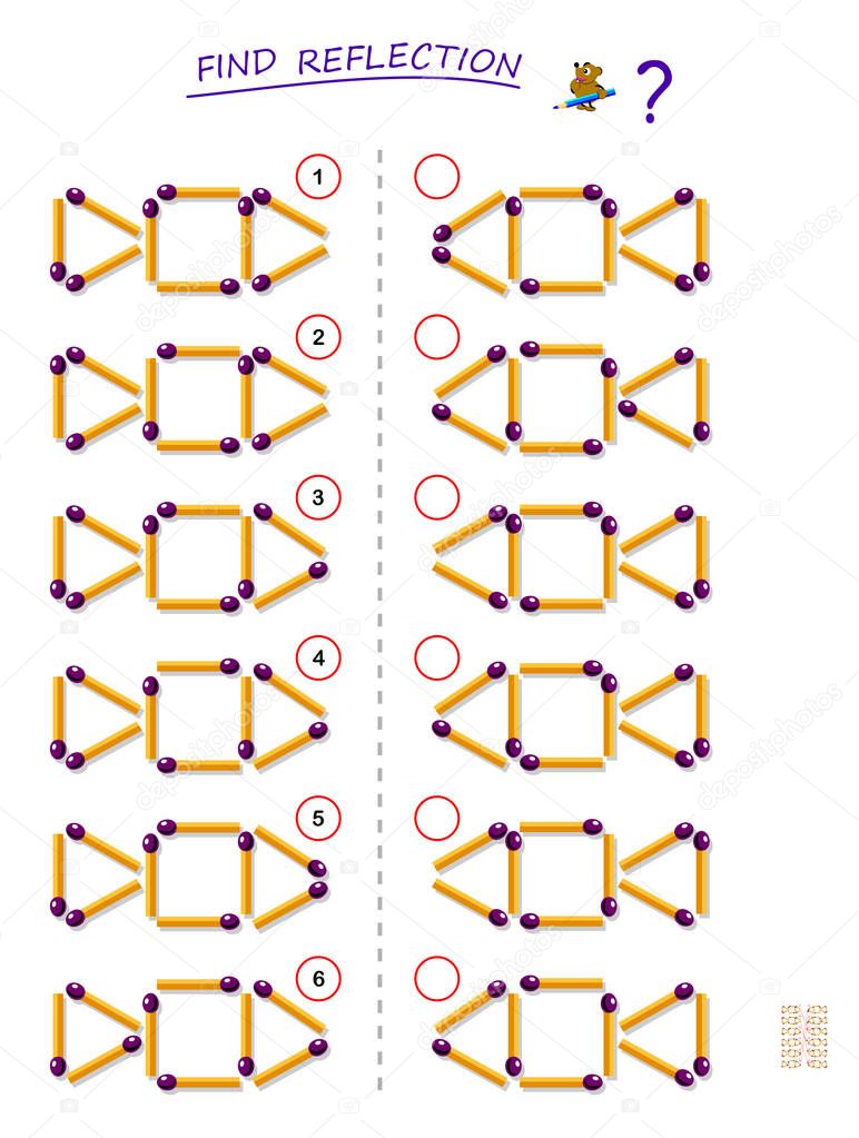 Logic puzzle game for kids. Need to find correct reflection for each set of matchsticks. Printable page for brainteaser book. Developing children spatial thinking. Vector cartoon image.