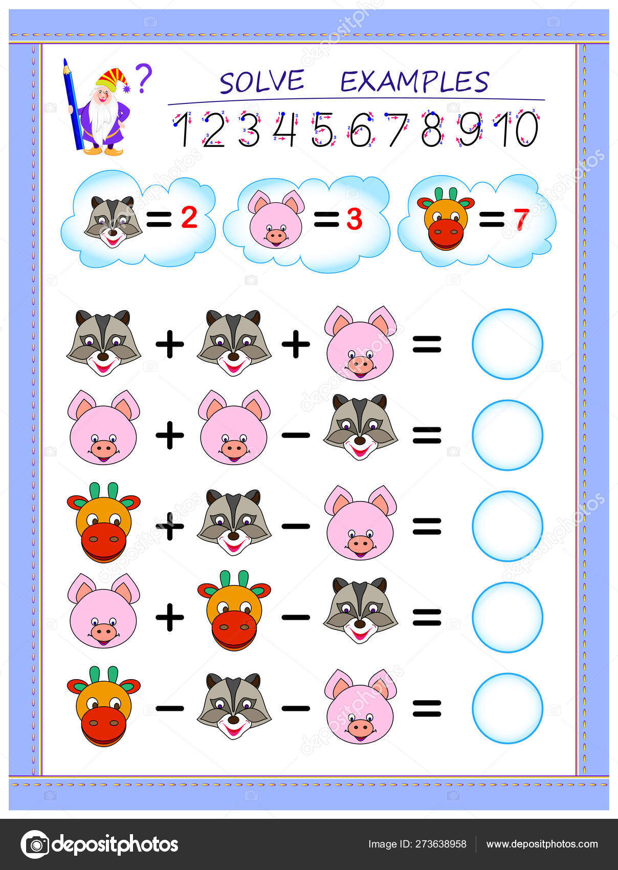 educational page children addition subtraction solve examples write numbers circles stock vector image by c nataljacernecka 273638958