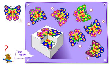 Çocuklar için mantık puzzle oyunu. Kelebek doğru üst görünümü bulmak gerekir. Okul kitabı için çalışma sayfası. Brainteaser kitap için yazdırılabilir sayfa. Çocuk uzamsal düşünme becerilerini geliştirme.
