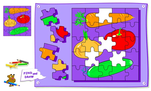 子供のためのロジックパズルゲーム 各詳細のための場所を見つけて 野菜をペイントする必要があります 学校の教科書のワークシート 学校に戻れ子どもの空間思考力の発達ベクトル漫画画像 — ストックベクタ