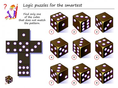 Akıllı için mantık puzzle oyunu. Desen eşleşmiyor küpleri sadece birini bulmak gerekir. Brainteaser kitap için yazdırılabilir sayfa. Uzamsal düşünme geliştirme. Vektör karikatür görüntü.