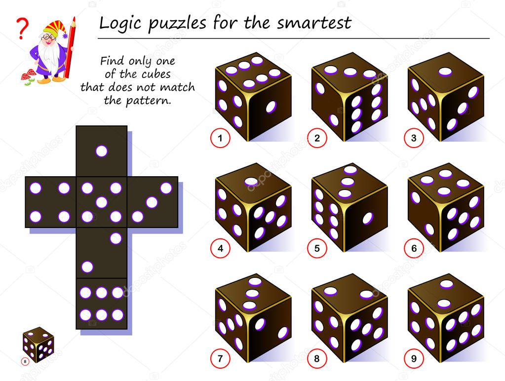 Logic puzzle game for smartest. Need to find only one of the cubes that does not match the pattern. Printable page for brainteaser book. Developing spatial thinking. Vector cartoon image.
