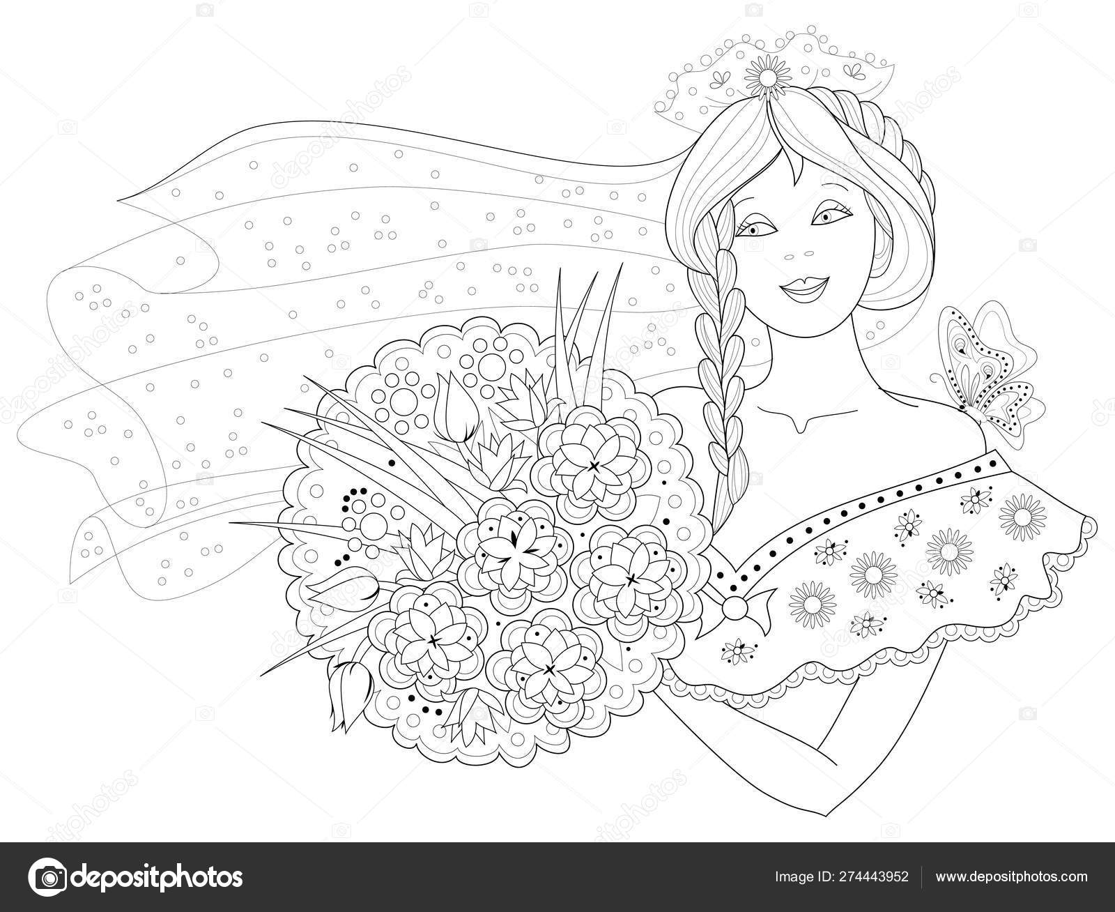 Desenho de Princesa em seu vestido de casamento para colorir