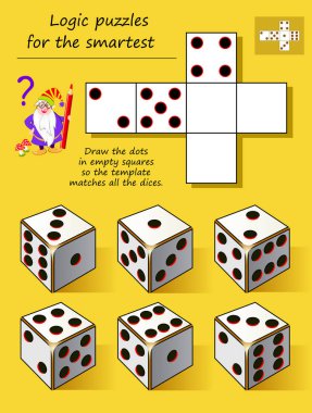 Akıllı için mantık puzzle oyunu. Şablon tüm dices eşleşir böylece boş kareler noktaları çizin. Brainteaser kitap için yazdırılabilir sayfa. Uzamsal düşünme geliştirme. Vektör karikatür görüntü.