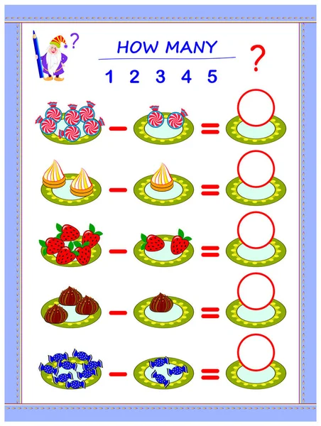 Educational Page Children Subtraction Solve Examples Count Quantity Sweets Write — Stock Vector