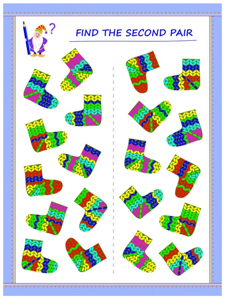 小さな子供のためのロジックパズルゲーム 各靴下の2番目のペアを見つけ 線を描くことによってそれらを結合する必要があります 子供のための教育ページ ベビーブックの印刷可能なワークシート 学校に戻る — ストックベクタ