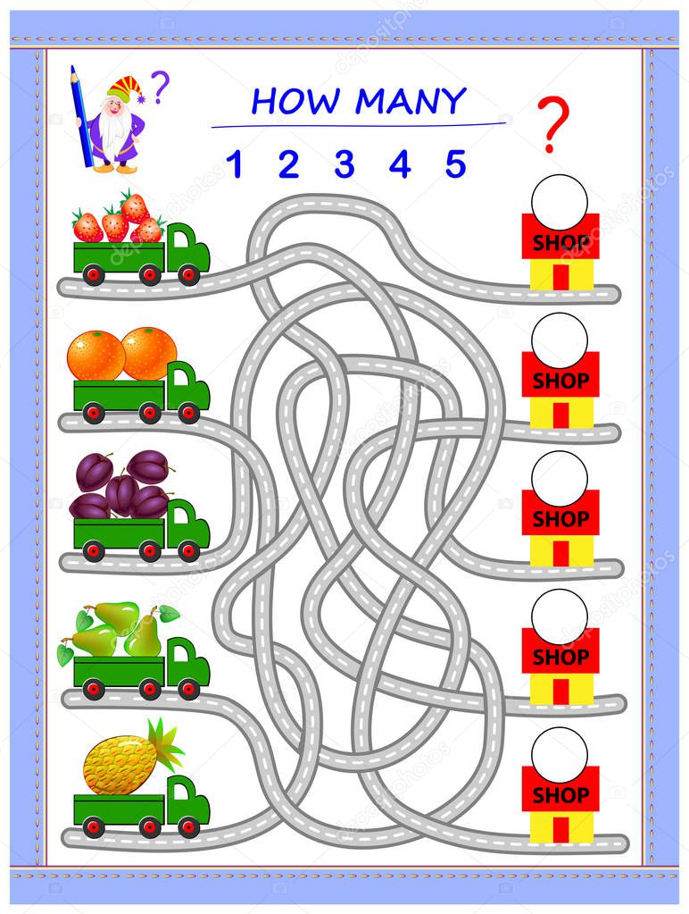 Logic puzzle game for little children. Where do the lorries have to deliver fruits? Count the quantity and write the numbers on shops. Educational page for kids. Printable worksheet for baby book.