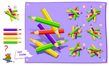 Çocuklar için mantık puzzle oyunu. Kalemlerin doğru üst görünümünü bulmak gerekir. Okul kitabı için çalışma sayfası. Brainteaser kitap için yazdırılabilir sayfa. Çocuk uzamsal düşünme becerilerini geliştirme.