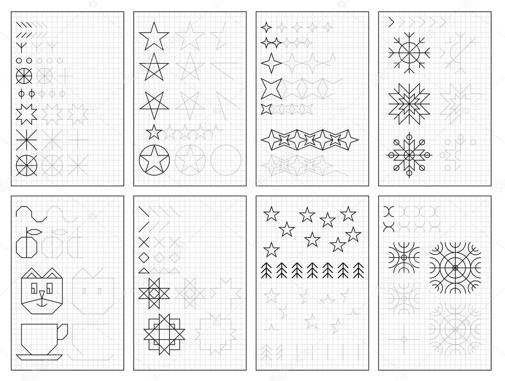 Set of black and white educational pages on square paper for kids. Printable worksheet for children textbook. Developing skills of counting, drawing, writing and tracing. Baby book. Back to school.