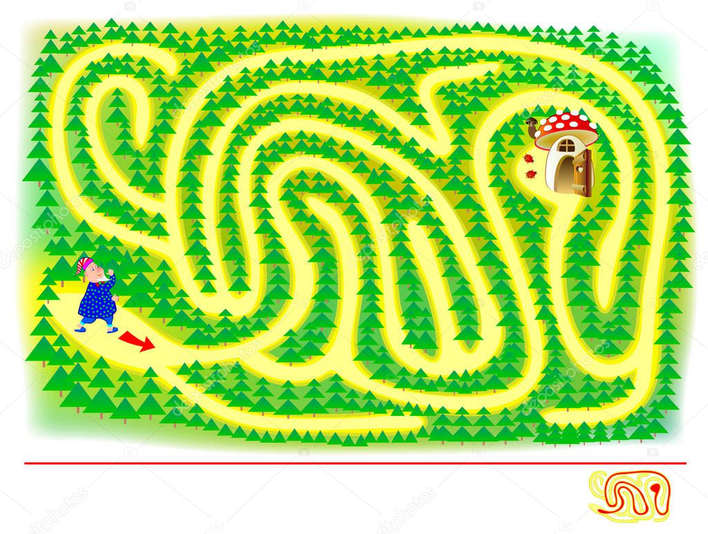 Logical puzzle game with labyrinth for children and adults. The cute gnome got lost. Help him find the way till his forest house. Printable worksheet for kids brainteaser book. Vector cartoon image.