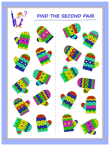 小孩子的逻辑益智游戏 需要找到每个手套的第二对 并通过绘制线加入它们 儿童教育页面 婴儿书的可打印工作表 返回学校 — 图库矢量图片