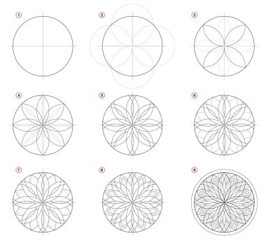 Adım kalem çizimi ile adım adım oluşturma. Sayfa nasıl gül ile Gotik vitray pencere çizmek için öğrenmek gösterir. Sanatçılar okul ders kitabı için baskı. Tasarım becerilerini geliştirmek. Elle çizilmiş vektör görüntüsü.