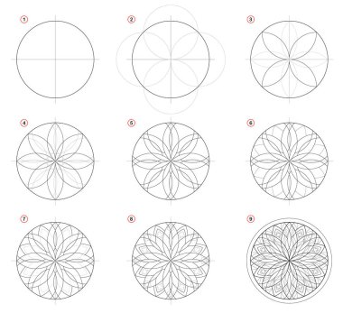 Creation step by step pencil drawing. Page shows how learn to draw Gothic stained glass window with rose. Print for artists school textbook. Developing skills for design. Hand-drawn vector image. clipart