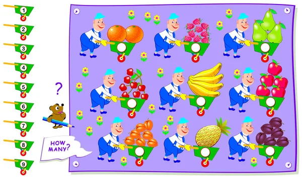 Página Educativa Imprimible Para Niños Cuántas Frutas Recogido Cada Jardinero — Vector de stock