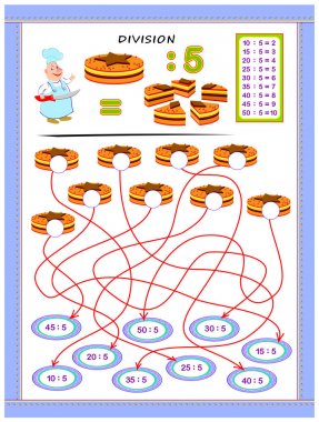 5 numaraya göre bölme tablosu olan çocuklar için egzersizler. Örnekleri çözün ve şekerler hakkında cevaplar yazın. Matematik bebek kitabı için eğitim sayfası. Çocuk ders kitabı için yazdırılabilir çalışma sayfası. Okula geri dön.