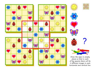 Logic Sudoku puzzle game for kids. Draw signs in empty places so that in each of big squares there will be 5 different images in each horizontal and vertical line. Printable page for brainteaser book. clipart