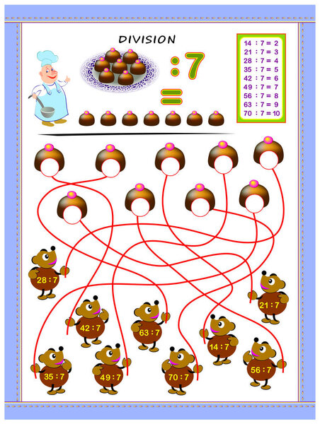 Exercises for kids with division table by number 7. Solve examples and write answers on candies. Educational page for mathematics baby book. Printable worksheet for children textbook. Back to school.