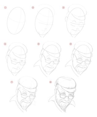 How create step by step pencil drawing. Page shows how to learn successively draw imaginary portrait of old man. Print for artists school textbook. Developing design skills. Hand-drawn vector image. clipart