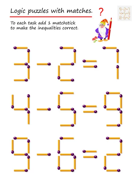 Logisches Puzzlespiel Mit Streichhölzern Jeder Aufgabe Streichholz Hinzufügen Die Ungleichheiten — Stockvektor