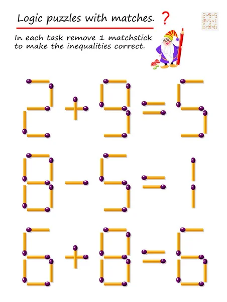 Logisches Puzzlespiel Mit Streichhölzern Jeder Aufgabe Entfernen Sie Streichholz Die — Stockvektor