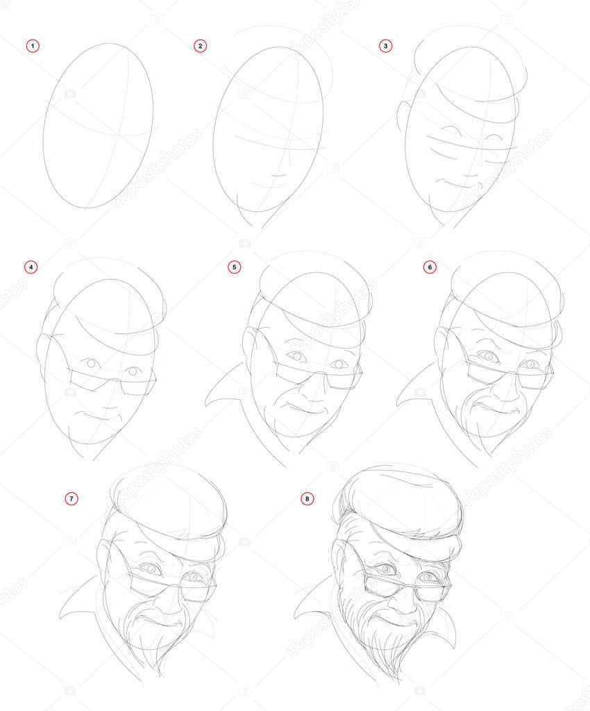 How create step by step pencil drawing. Page shows how to learn successively draw imaginary portrait of old man. Print for artists school textbook. Developing design skills. Hand-drawn vector image.