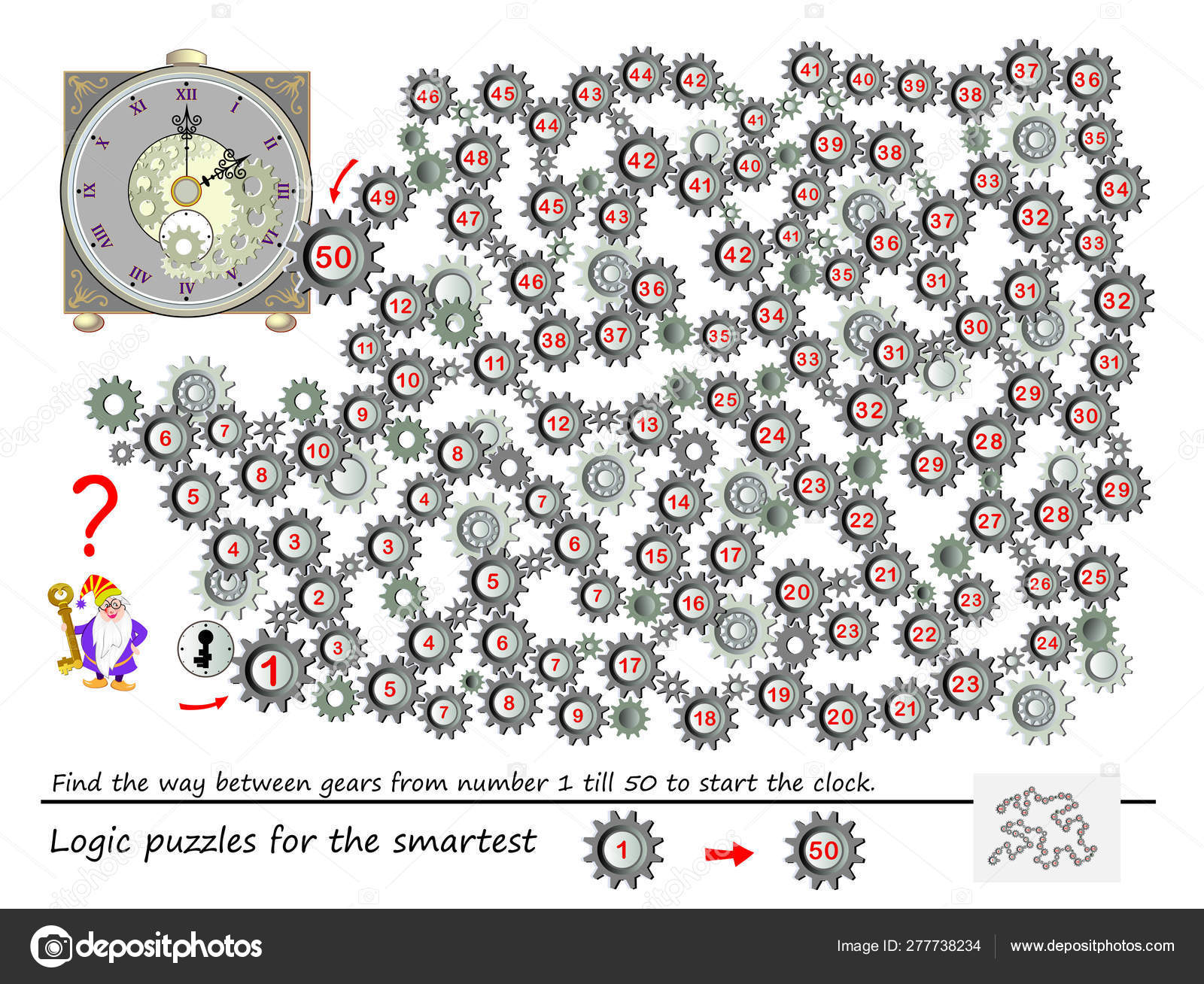 子供と大人のための迷路とロジックパズルゲーム クロックを開始するには 1番から50番までのギア間の道を見つけます ブレインティーザーブック用の印刷可能なワークシート カウントスキルの開発 ストックベクター C Nataljacernecka