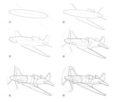 Creation step by step pencil drawing. Page shows how to learn draw sketch of imaginary Military aircraft from Second World War. School textbook for developing artistic skills. Hand-drawn vector image. clipart