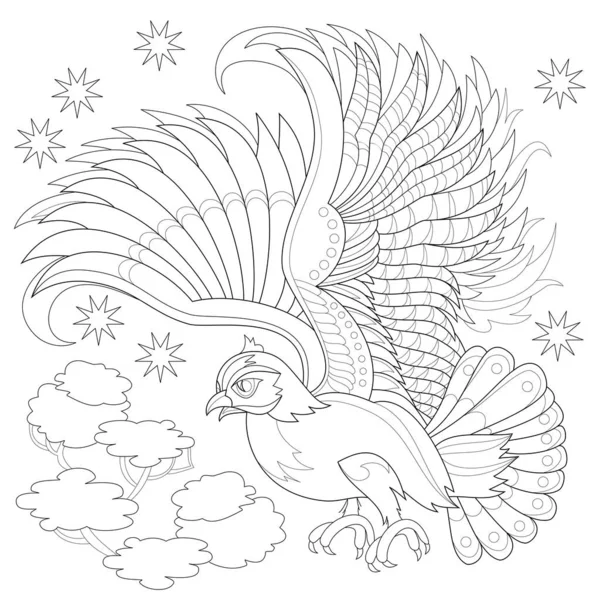 来自仙境的飞行猫头鹰的幻想画 彩色书的黑白页面 现代印花 梅恩迪 装饰的可打印图案 — 图库矢量图片