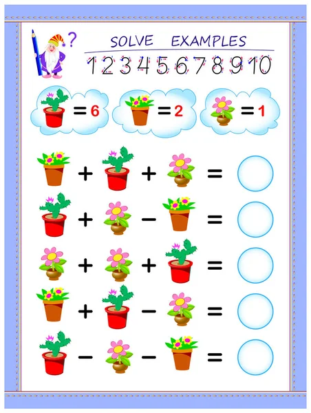 儿童加减法教育页面 求解示例并在圆圈中写入数字 儿童课本可打印工作表 回学校去矢量卡通图像 — 图库矢量图片