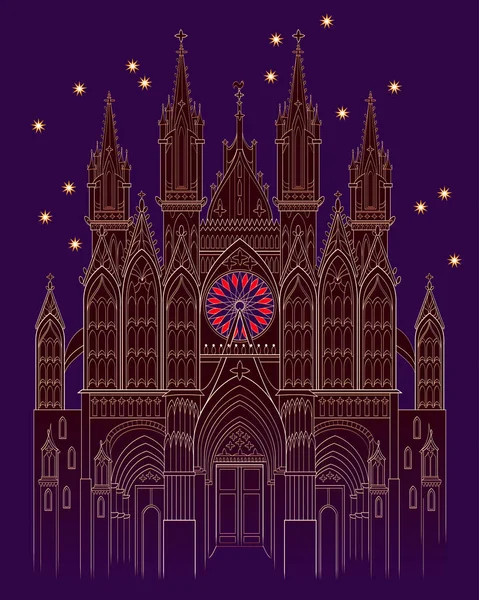 Illustration of a fantasy medieval Gothic castle at night time. Cover for kids fairy tale book. Poster for travel company. Imaginary fairyland landscape. Modern print. Vector cartoon image.