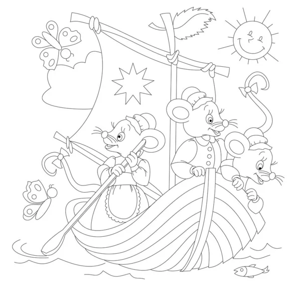 赤ちゃんの塗り絵のための白黒のページ ヨットで旅する3匹のかわいいネズミの絵 子供のための印刷可能なテンプレート 子供と大人のためのワークシート 手描きベクトル画像 — ストックベクタ