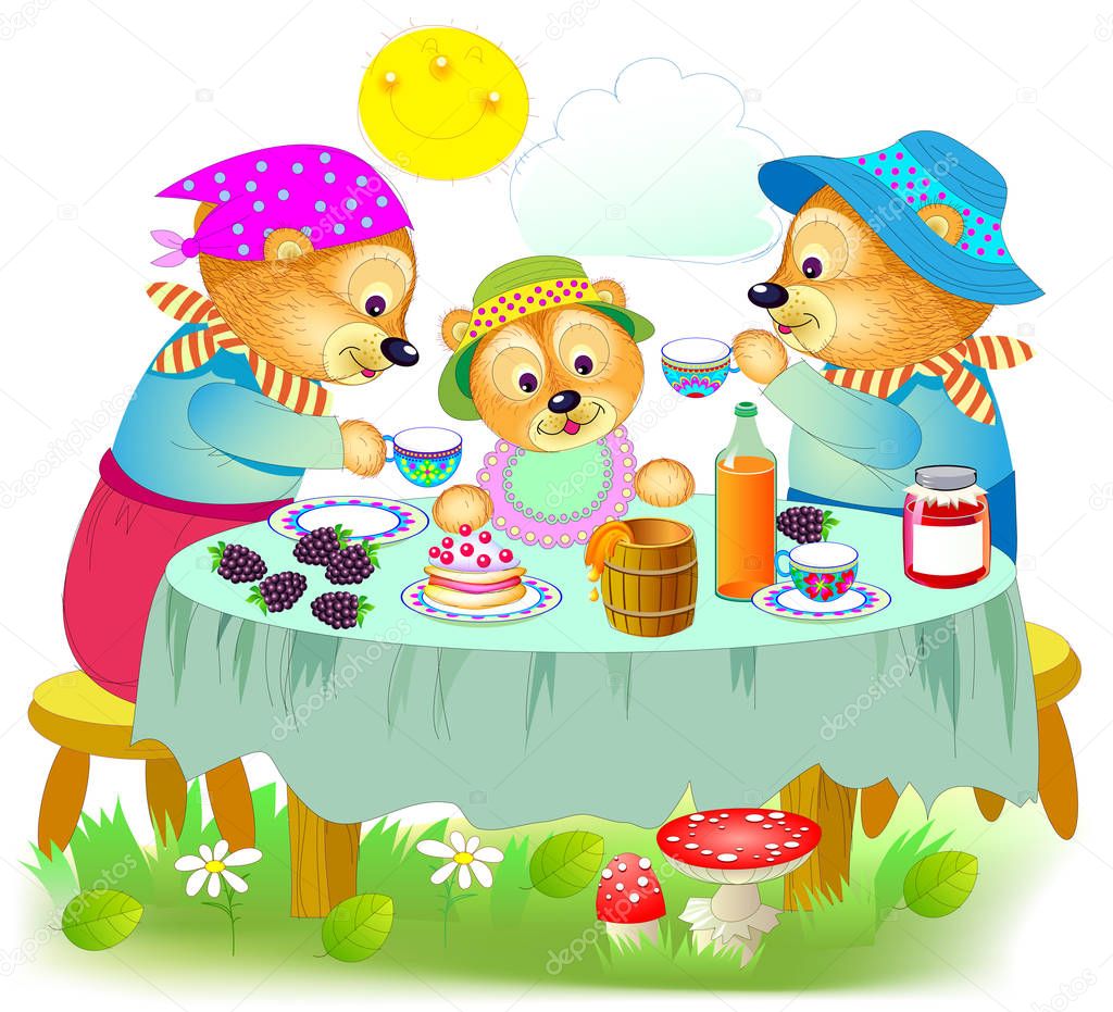 Illustration of cute three bears family eating the breakfast. Father, mother and baby sitting at the table. Printable page for kids book. Cover for children book. Hand-drawn vector cartoon image.