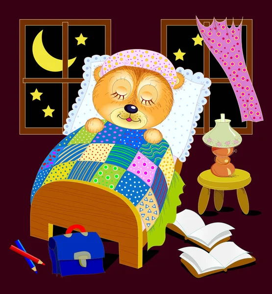 Illustration Baby Book Little Teddy Bear Sleeping Night His Bed — Stock Vector