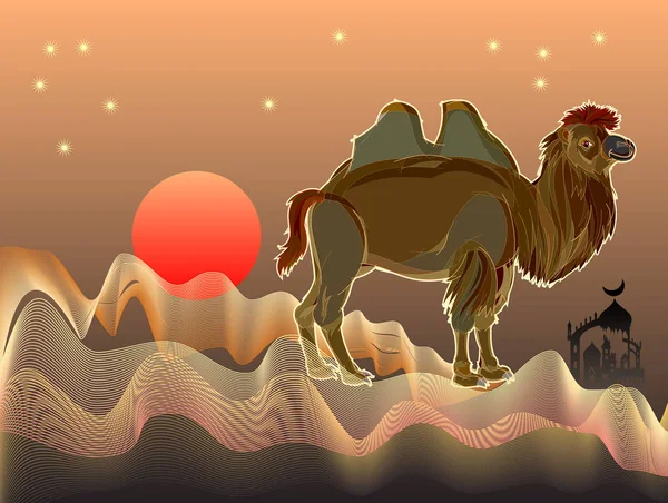 Fantasy Illusztrációja Aranyos Bactrian Teve Sivatagban Homok Hullámok Fedezi Mesekönyv — Stock Vector