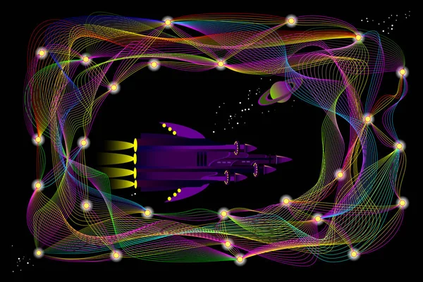 未来宇宙飞船在程式化深度神经网络之间在太空中旅行的幻想插图 高科技数字技术背景 为科学研究而印刷 矢量图像 — 图库矢量图片