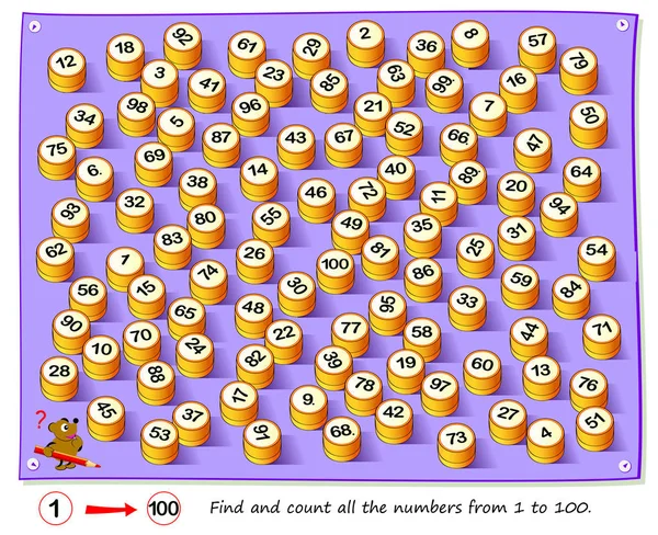 最も賢いのためのロジックパズルゲーム 1から100までのすべての数字を見つけてカウントします 注意のためのタスク 脳の体操本のための印刷可能なページ 空間的思考とカウントスキルの開発ベクトル漫画画像 — ストックベクタ