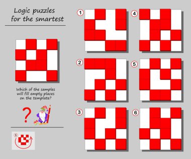 Akıllı için mantık puzzle oyunu. Örneklerden hangisi şablonda boş yerler dolduracak? Brainteaser kitap için yazdırılabilir sayfa. Uzamsal düşünme geliştirme. Vektör karikatür görüntü.