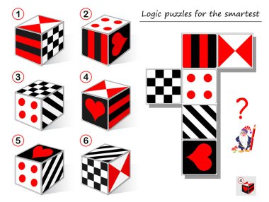 Akıllı için Mantık bulmaca oyunu. Şablona uyan küpü bulmanız gerekir. Brainteaser kitap için yazdırılabilir sayfa. Uzamsal düşünmeyi geliştirmek. Vektör karikatür görüntü.