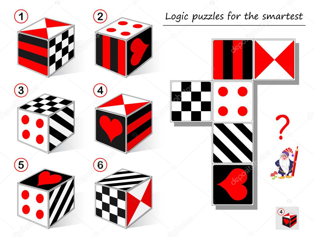 Logic puzzle game for smartest. Need to find the cube which matches to the template. Printable page for brainteaser book. Developing spatial thinking. Vector cartoon image.